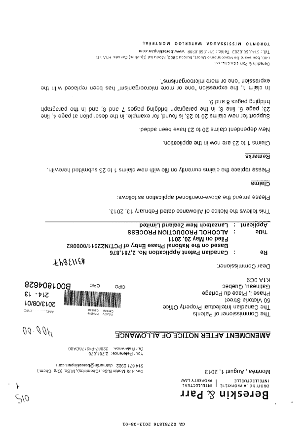 Canadian Patent Document 2781876. Prosecution-Amendment 20121201. Image 1 of 5