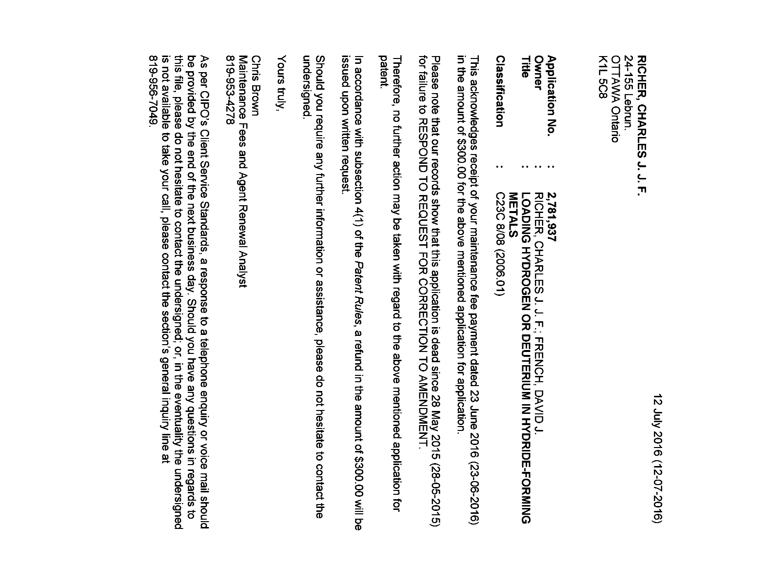 Document de brevet canadien 2781937. Correspondance 20151212. Image 1 de 1