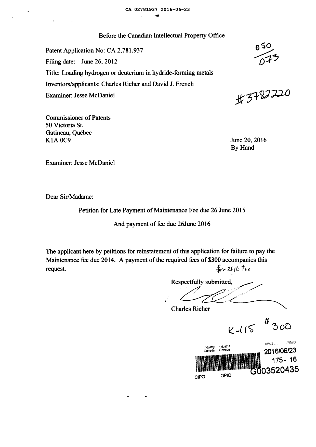 Document de brevet canadien 2781937. Taxes 20151223. Image 1 de 1