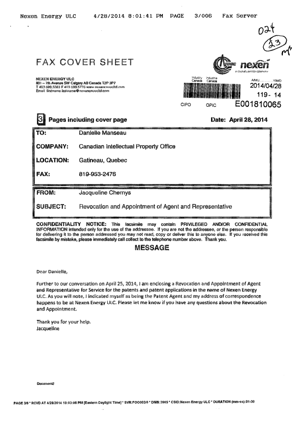 Canadian Patent Document 2782308. Correspondence 20140428. Image 1 of 6