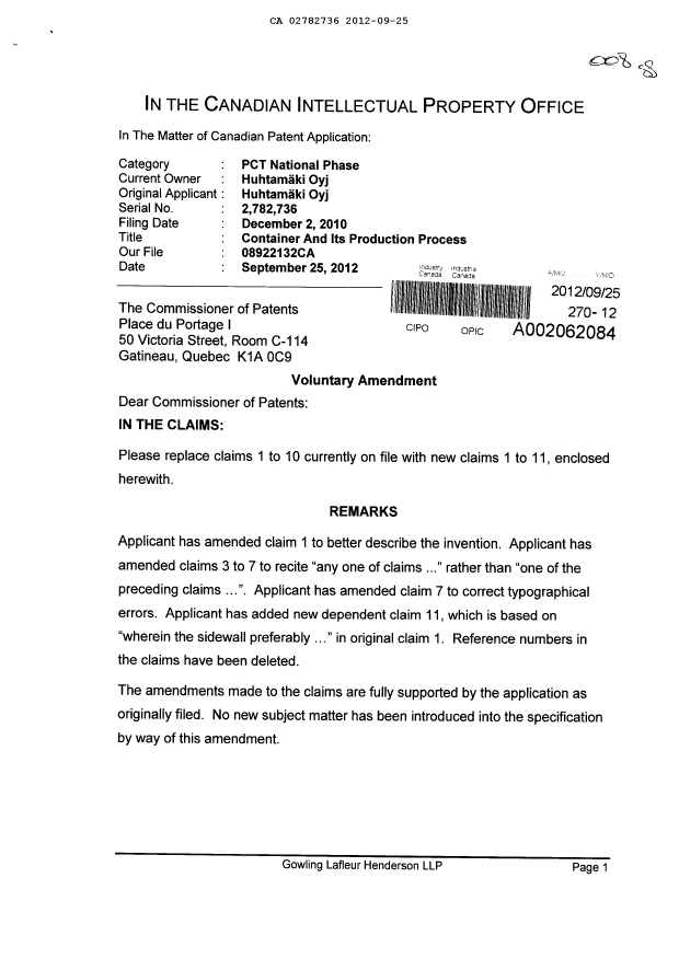 Canadian Patent Document 2782736. Prosecution-Amendment 20120925. Image 1 of 4