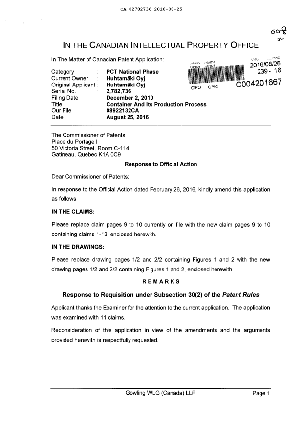 Document de brevet canadien 2782736. Modification 20160825. Image 1 de 13