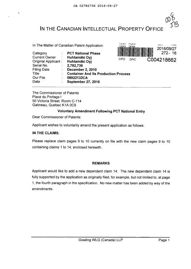 Canadian Patent Document 2782736. Amendment 20160927. Image 1 of 4