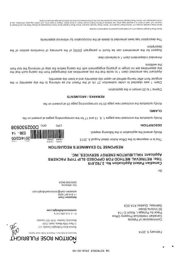 Canadian Patent Document 2782819. Prosecution-Amendment 20140205. Image 1 of 7