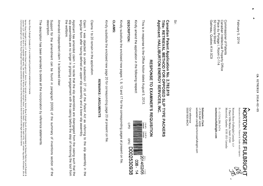 Document de brevet canadien 2782819. Poursuite-Amendment 20140205. Image 1 de 7