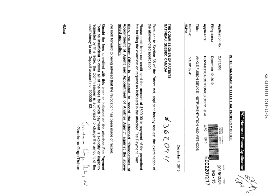 Document de brevet canadien 2783553. Changement de nomination d'agent 20151204. Image 1 de 1