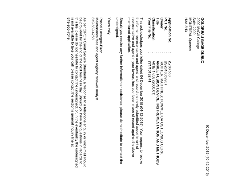 Document de brevet canadien 2783553. Lettre du bureau 20151210. Image 1 de 1