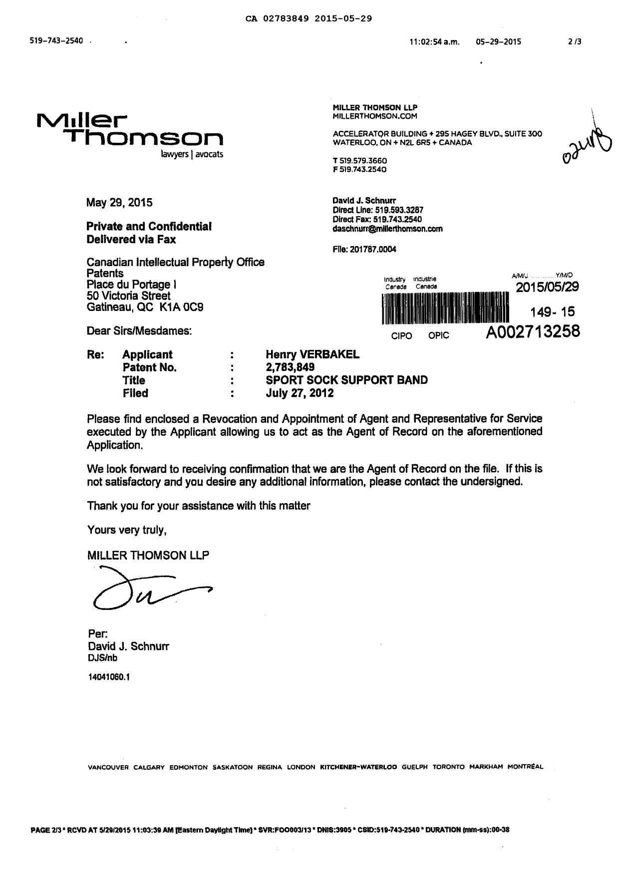 Document de brevet canadien 2783849. Correspondance 20150529. Image 1 de 3
