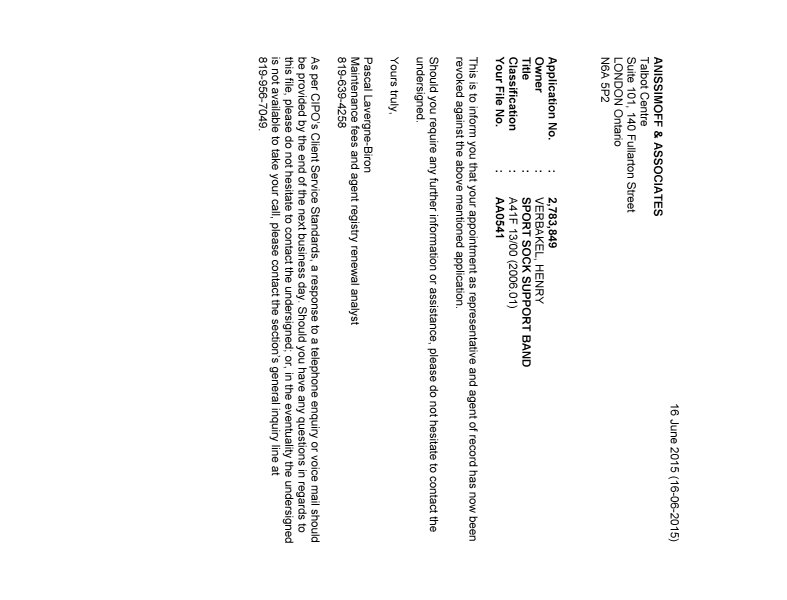 Document de brevet canadien 2783849. Lettre du bureau 20150616. Image 1 de 1