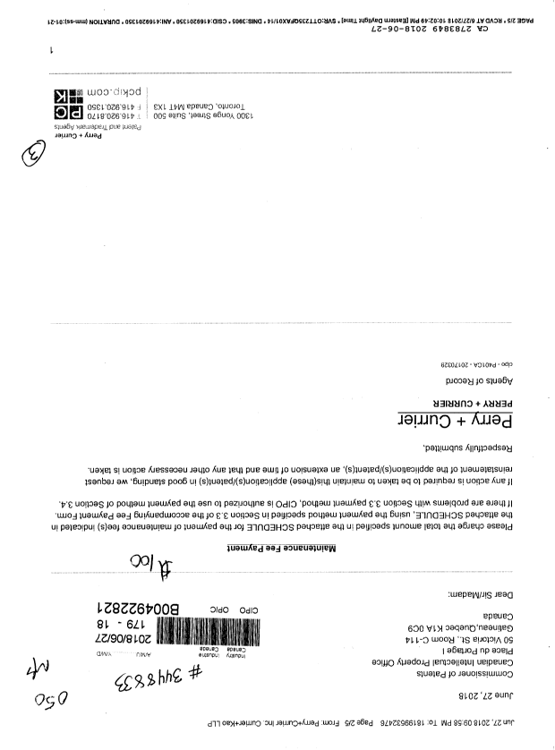Canadian Patent Document 2783849. Maintenance Fee Payment 20180627. Image 1 of 3