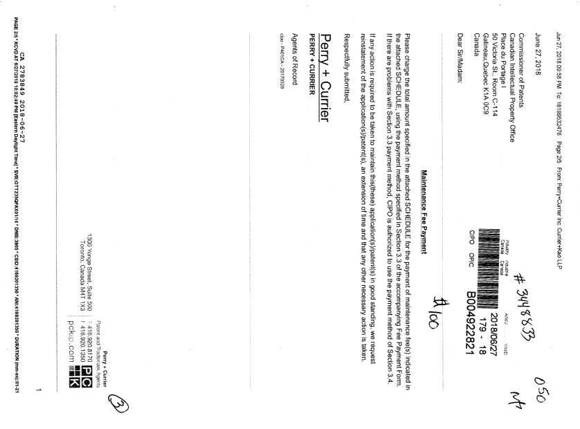 Document de brevet canadien 2783849. Paiement de taxe périodique 20180627. Image 1 de 3
