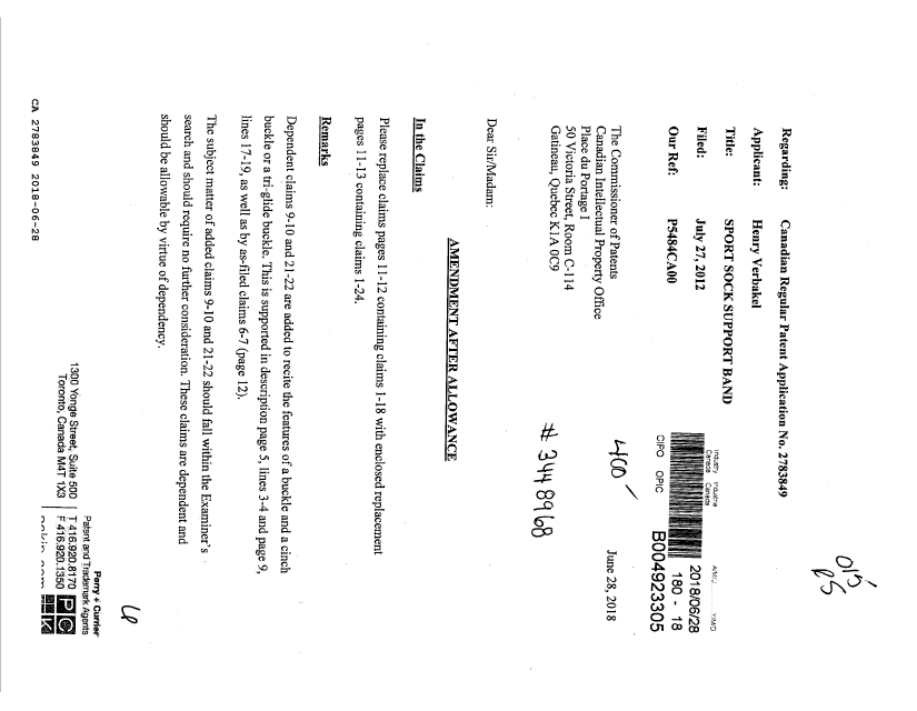 Document de brevet canadien 2783849. Modification après acceptation 20180628. Image 1 de 6