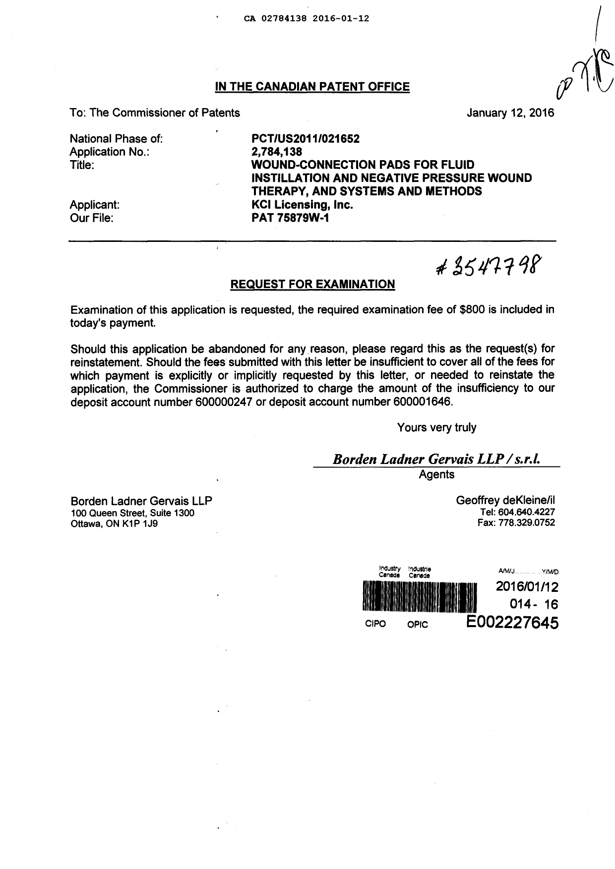 Document de brevet canadien 2784138. Requête d'examen 20160112. Image 1 de 1