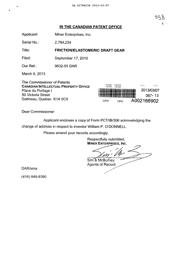 Canadian Patent Document 2784234. Correspondence 20130307. Image 1 of 2