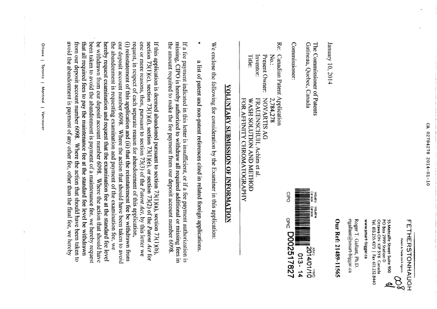 Document de brevet canadien 2784278. Poursuite-Amendment 20140110. Image 1 de 2