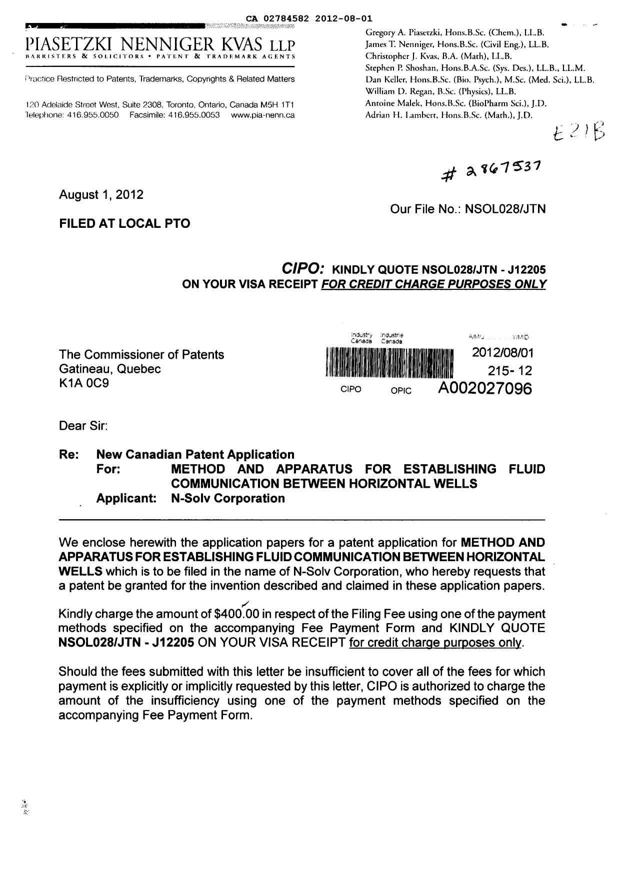 Document de brevet canadien 2784582. Cession 20120801. Image 1 de 4