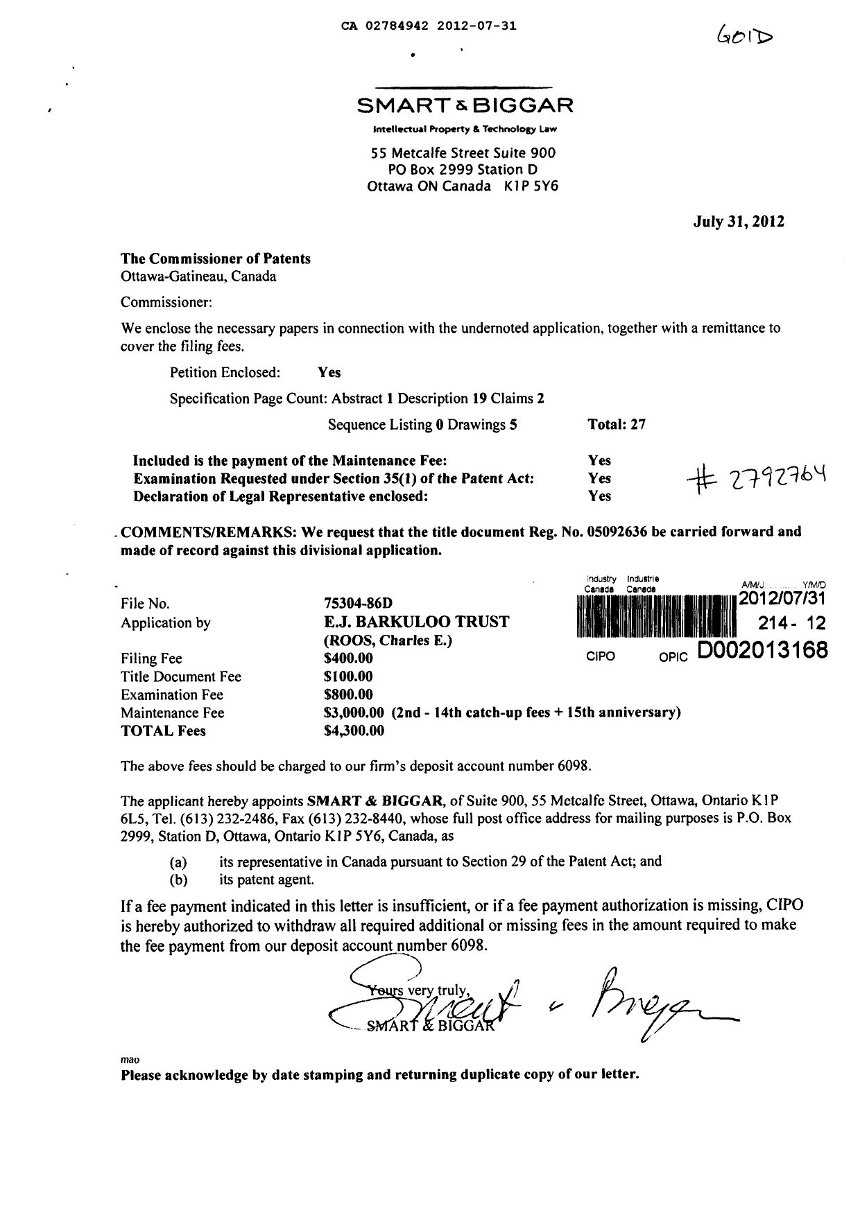Document de brevet canadien 2784942. Cession 20120731. Image 1 de 3