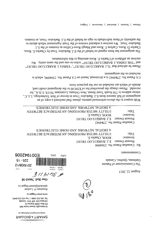 Canadian Patent Document 2784942. Assignment 20150818. Image 1 of 22