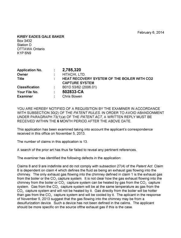 Document de brevet canadien 2785320. Poursuite-Amendment 20140206. Image 1 de 2