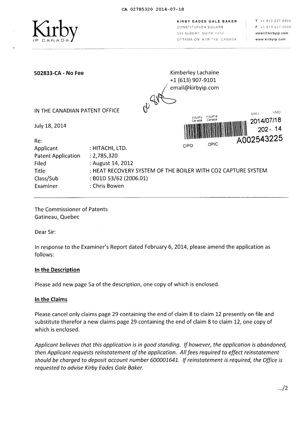 Document de brevet canadien 2785320. Poursuite-Amendment 20140718. Image 1 de 4