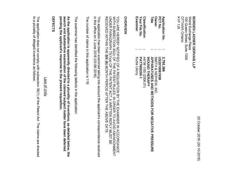 Document de brevet canadien 2785388. Demande d'examen 20161020. Image 1 de 3