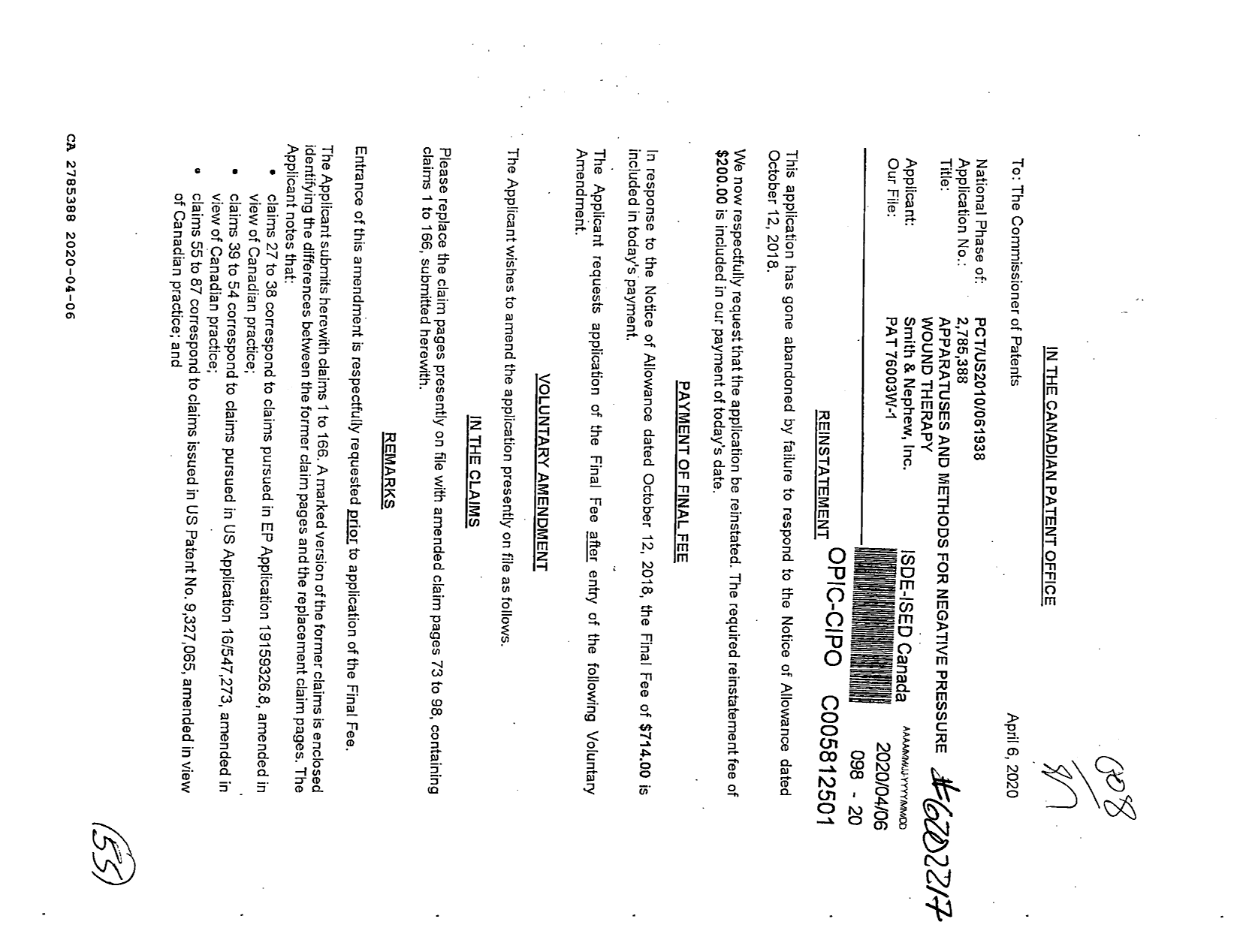 Canadian Patent Document 2785388. Final Fee 20200406. Image 1 of 3