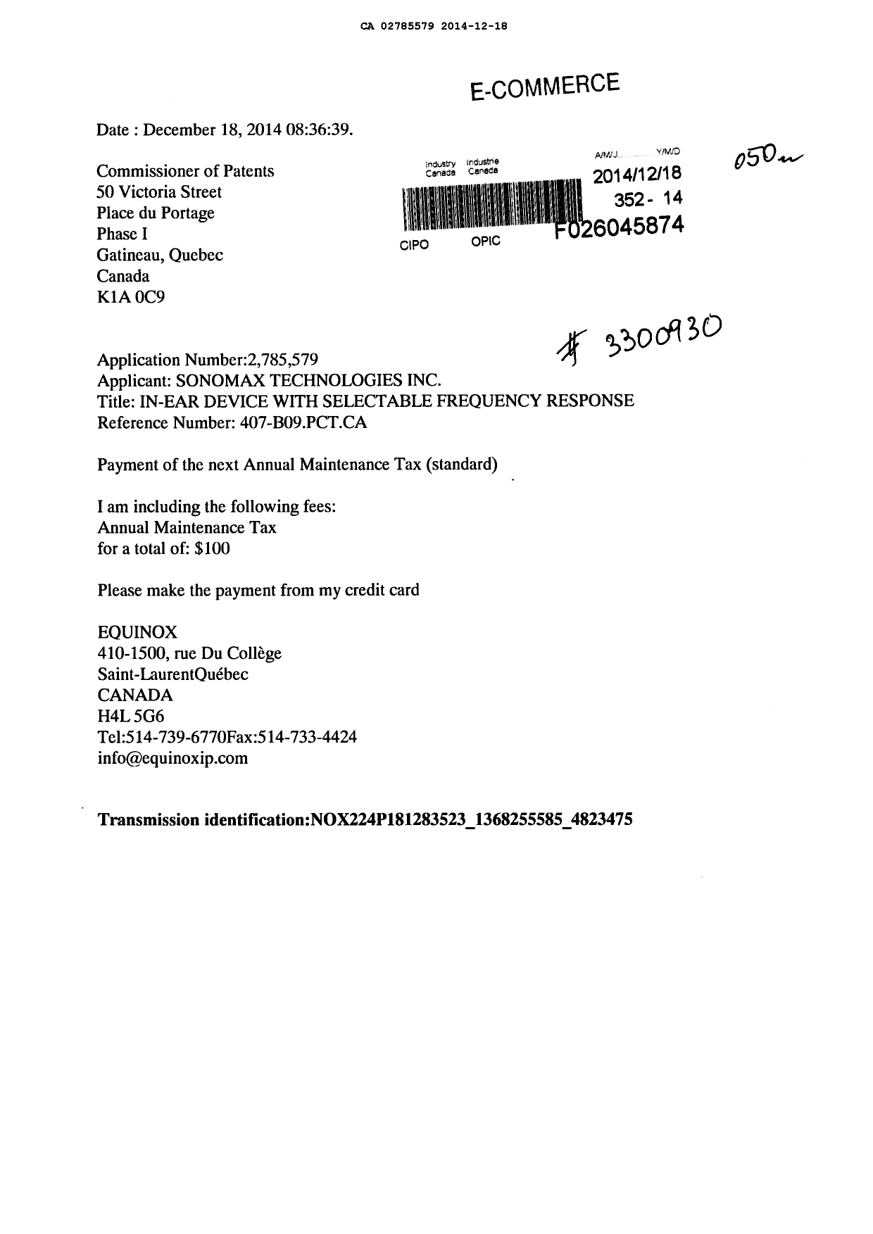 Document de brevet canadien 2785579. Taxes 20141218. Image 1 de 1