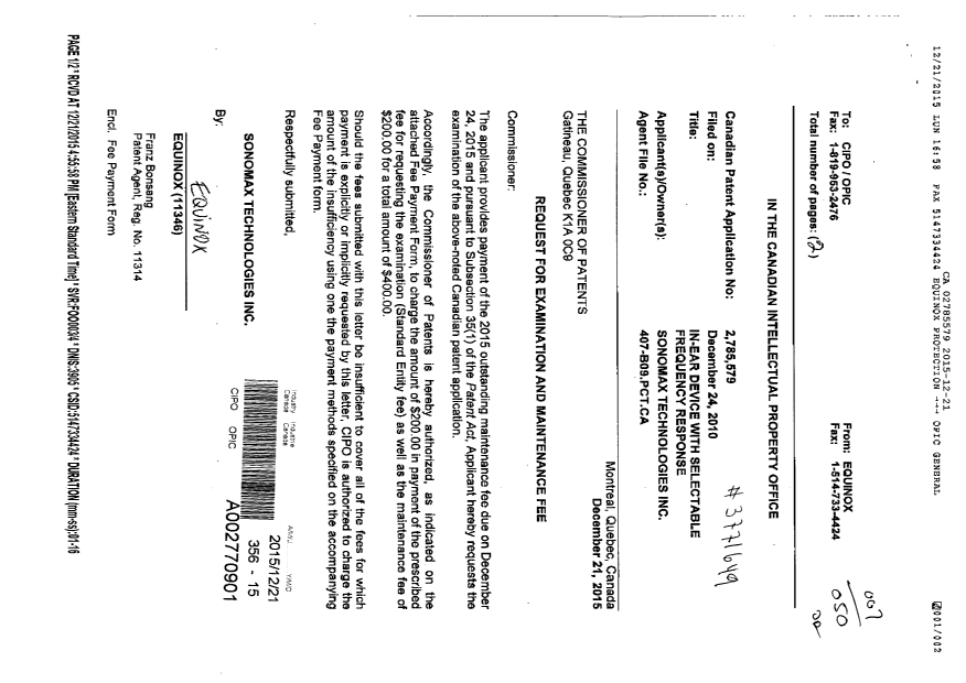 Document de brevet canadien 2785579. Poursuite-Amendment 20151221. Image 1 de 1
