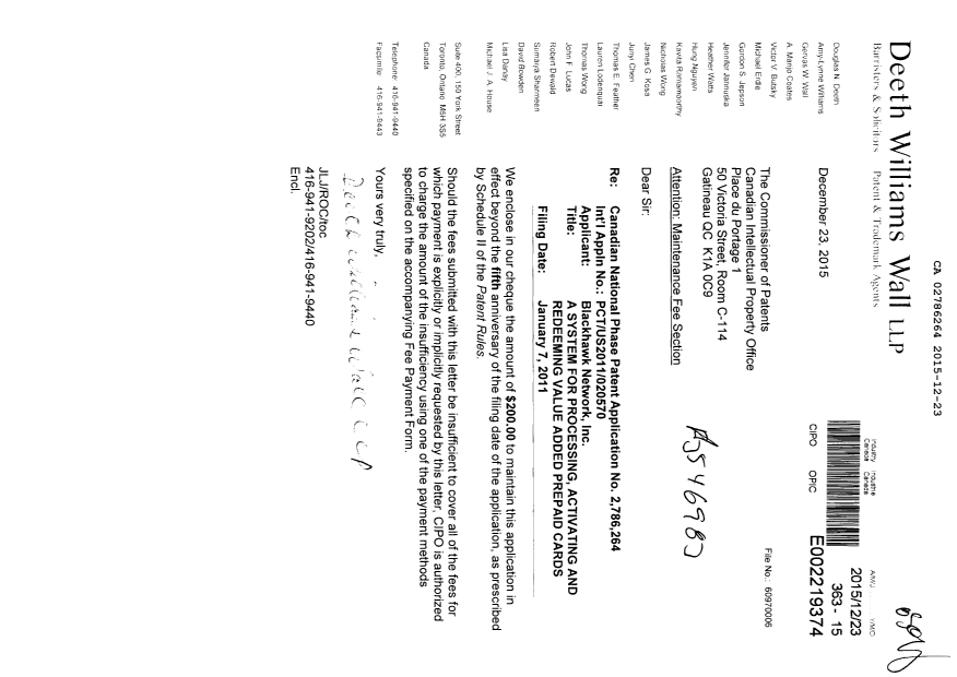 Document de brevet canadien 2786264. Paiement de taxe périodique 20151223. Image 1 de 1