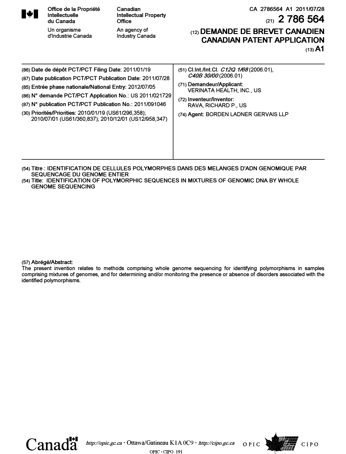 Document de brevet canadien 2786564. Page couverture 20120927. Image 1 de 1