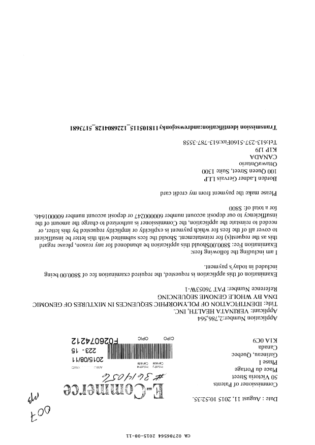 Document de brevet canadien 2786564. Requête d'examen 20150811. Image 1 de 1