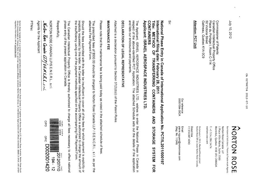 Document de brevet canadien 2786734. Cession 20120710. Image 1 de 4