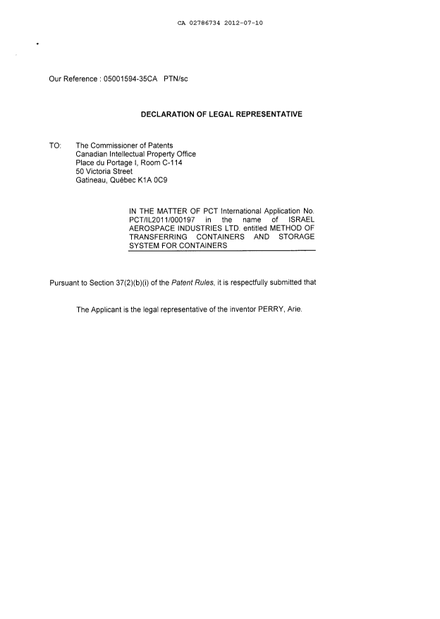 Document de brevet canadien 2786734. Cession 20120710. Image 4 de 4