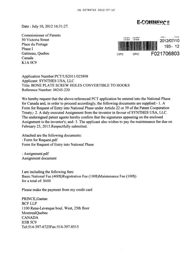 Document de brevet canadien 2786743. Cession 20120710. Image 1 de 9