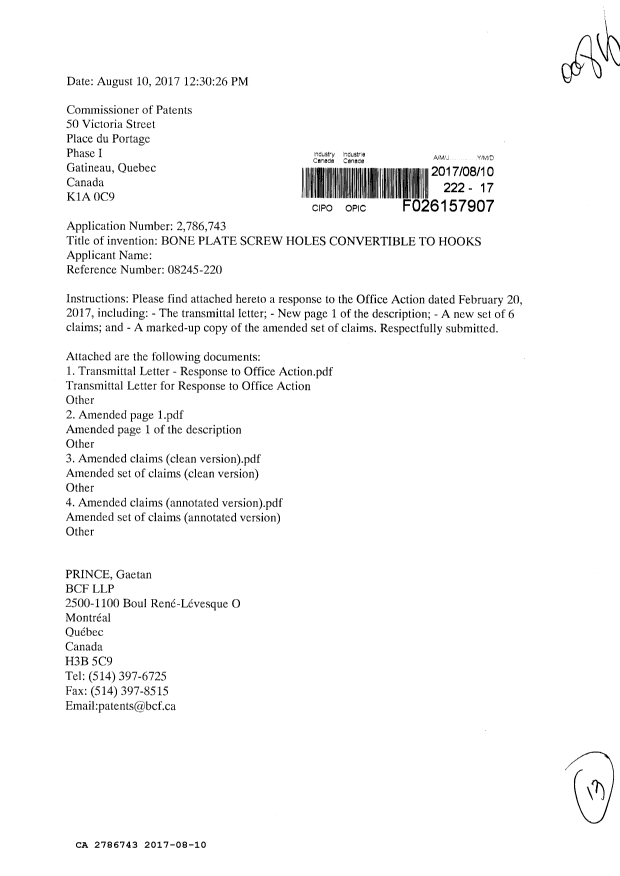 Document de brevet canadien 2786743. Modification 20170810. Image 1 de 13