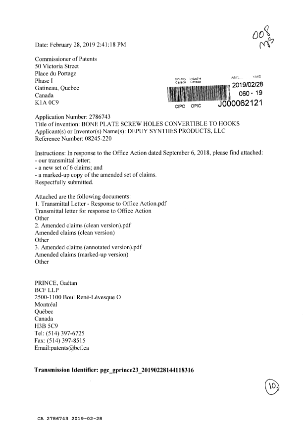 Document de brevet canadien 2786743. Modification 20190228. Image 1 de 10