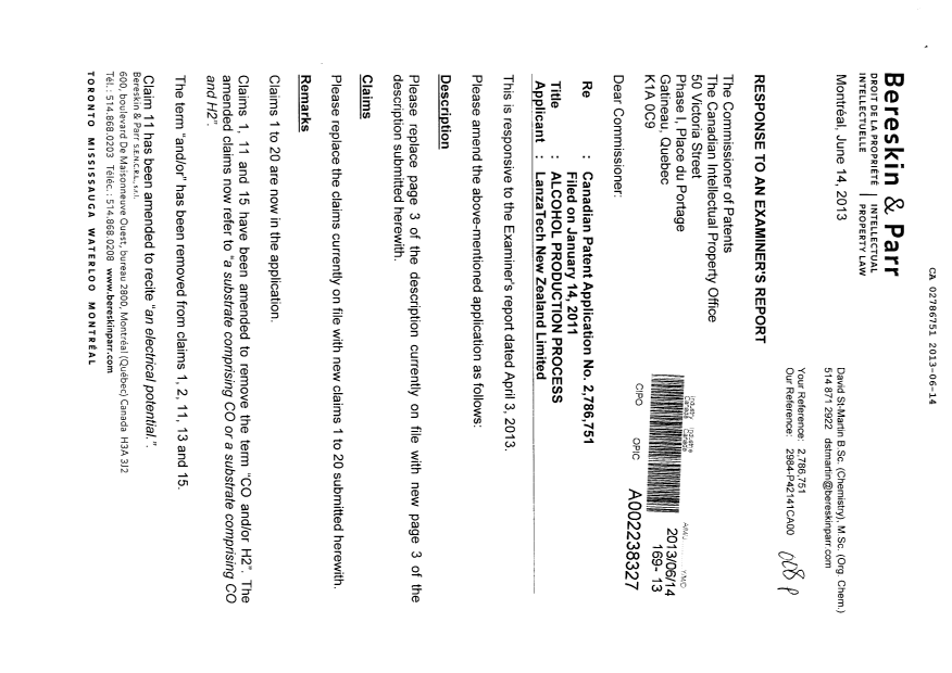 Document de brevet canadien 2786751. Poursuite-Amendment 20121214. Image 1 de 9