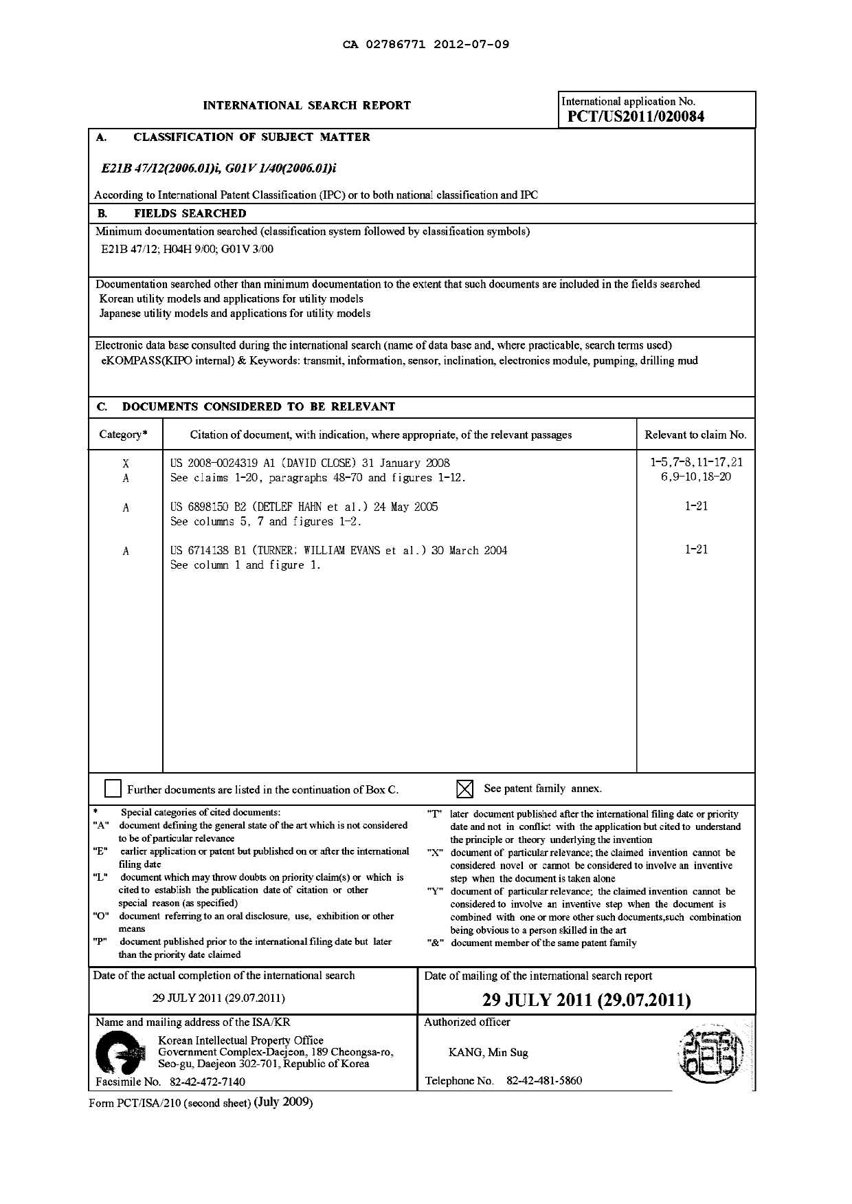 Document de brevet canadien 2786771. PCT 20120709. Image 1 de 7