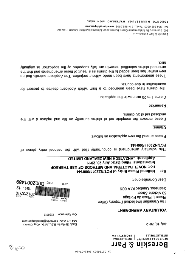 Document de brevet canadien 2786903. Poursuite-Amendment 20120710. Image 1 de 4