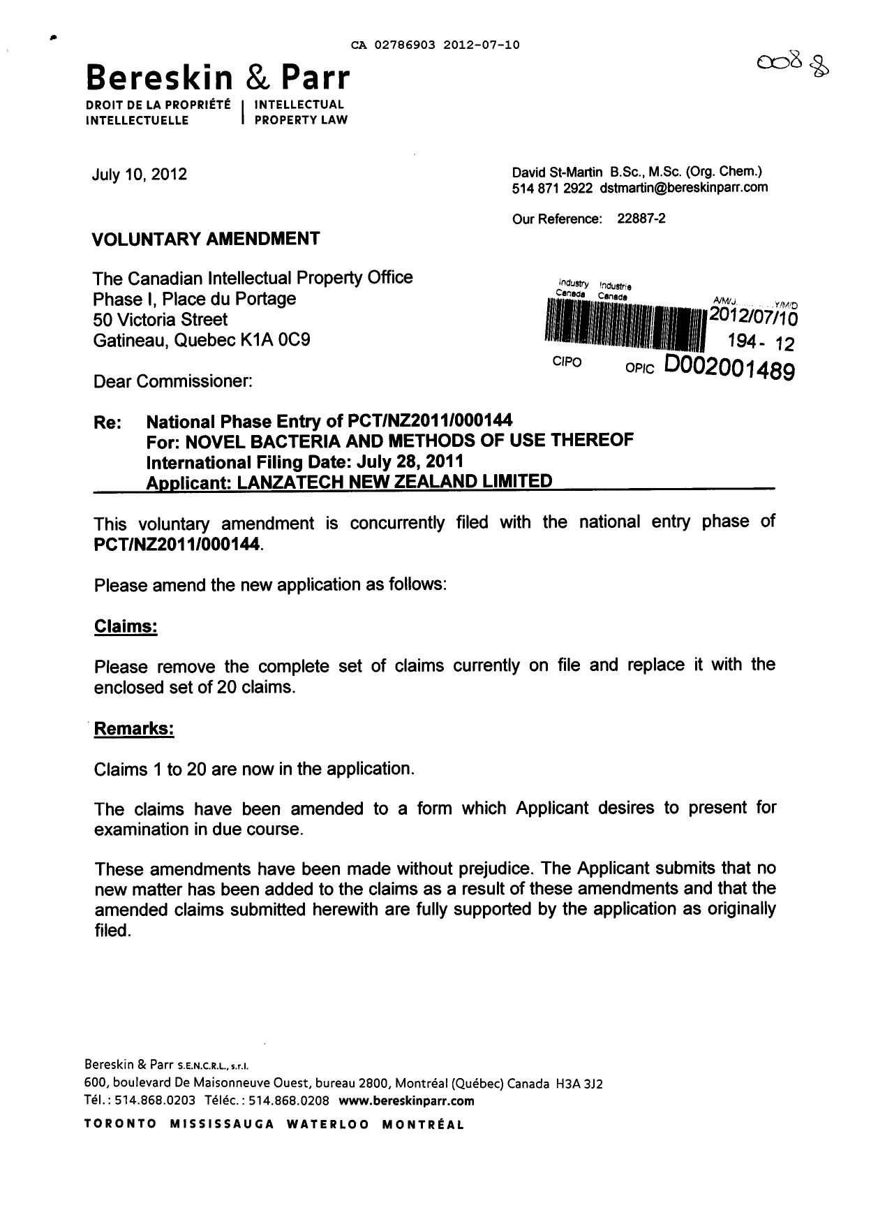 Canadian Patent Document 2786903. Prosecution-Amendment 20120710. Image 1 of 4