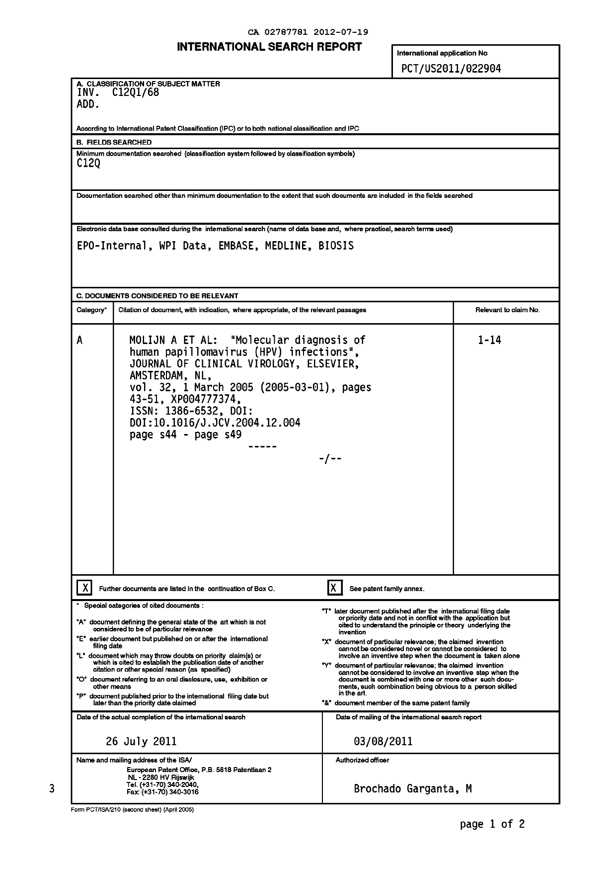 Document de brevet canadien 2787781. PCT 20120719. Image 1 de 11