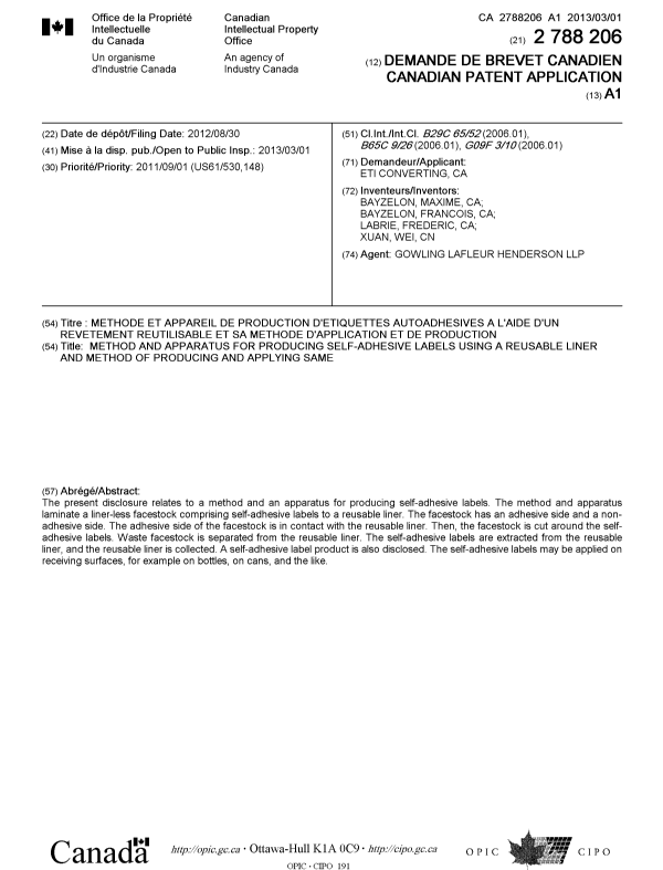 Document de brevet canadien 2788206. Page couverture 20121211. Image 1 de 1