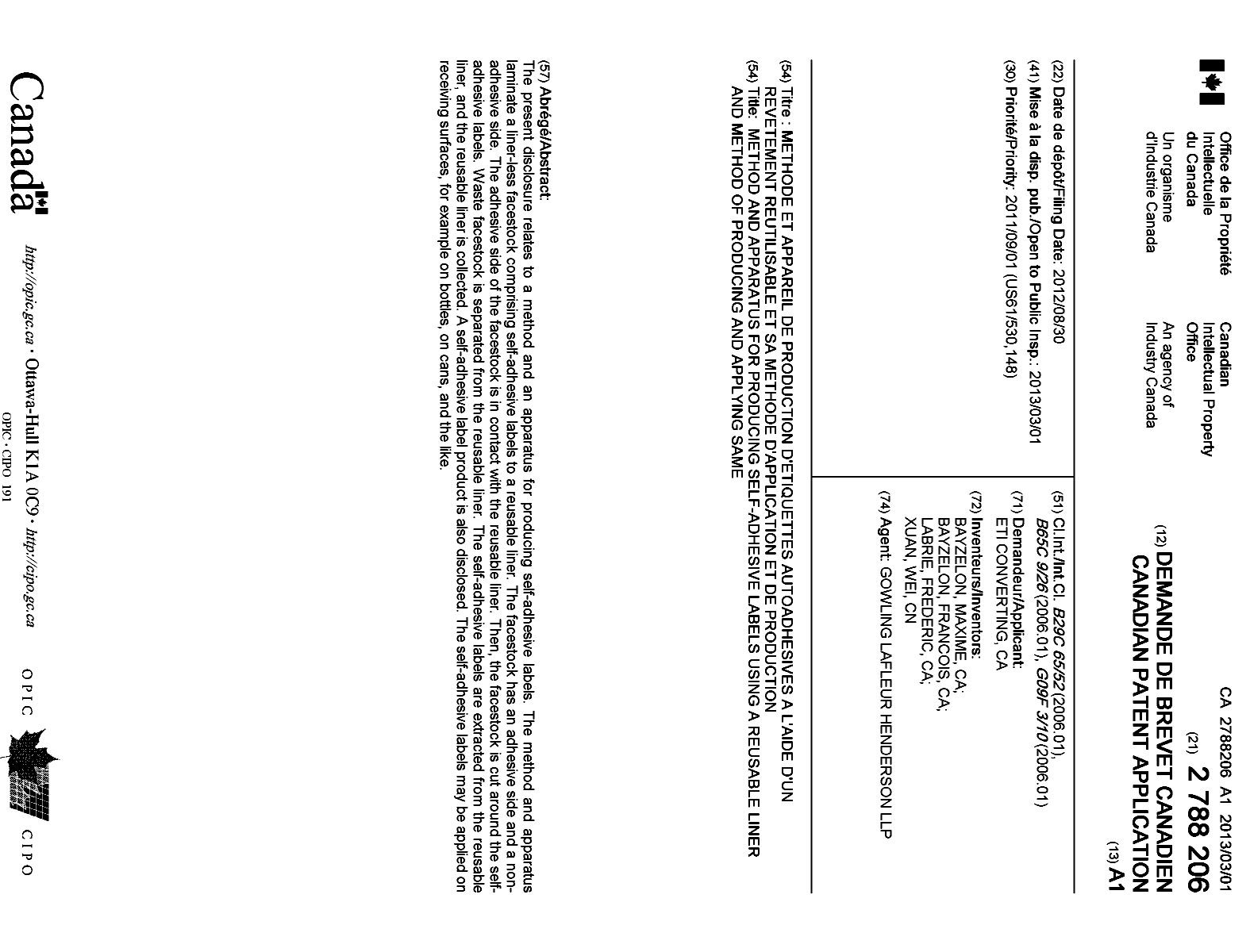 Document de brevet canadien 2788206. Page couverture 20121211. Image 1 de 1