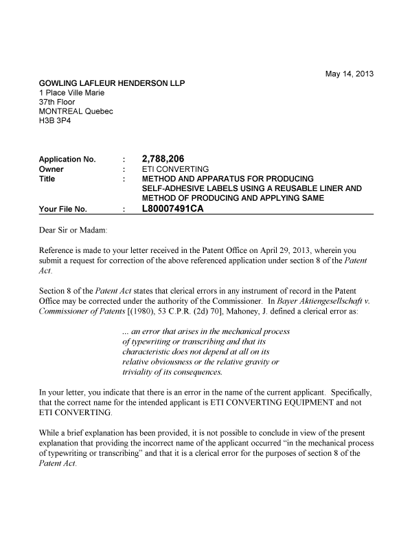 Document de brevet canadien 2788206. Correspondance 20121214. Image 1 de 2