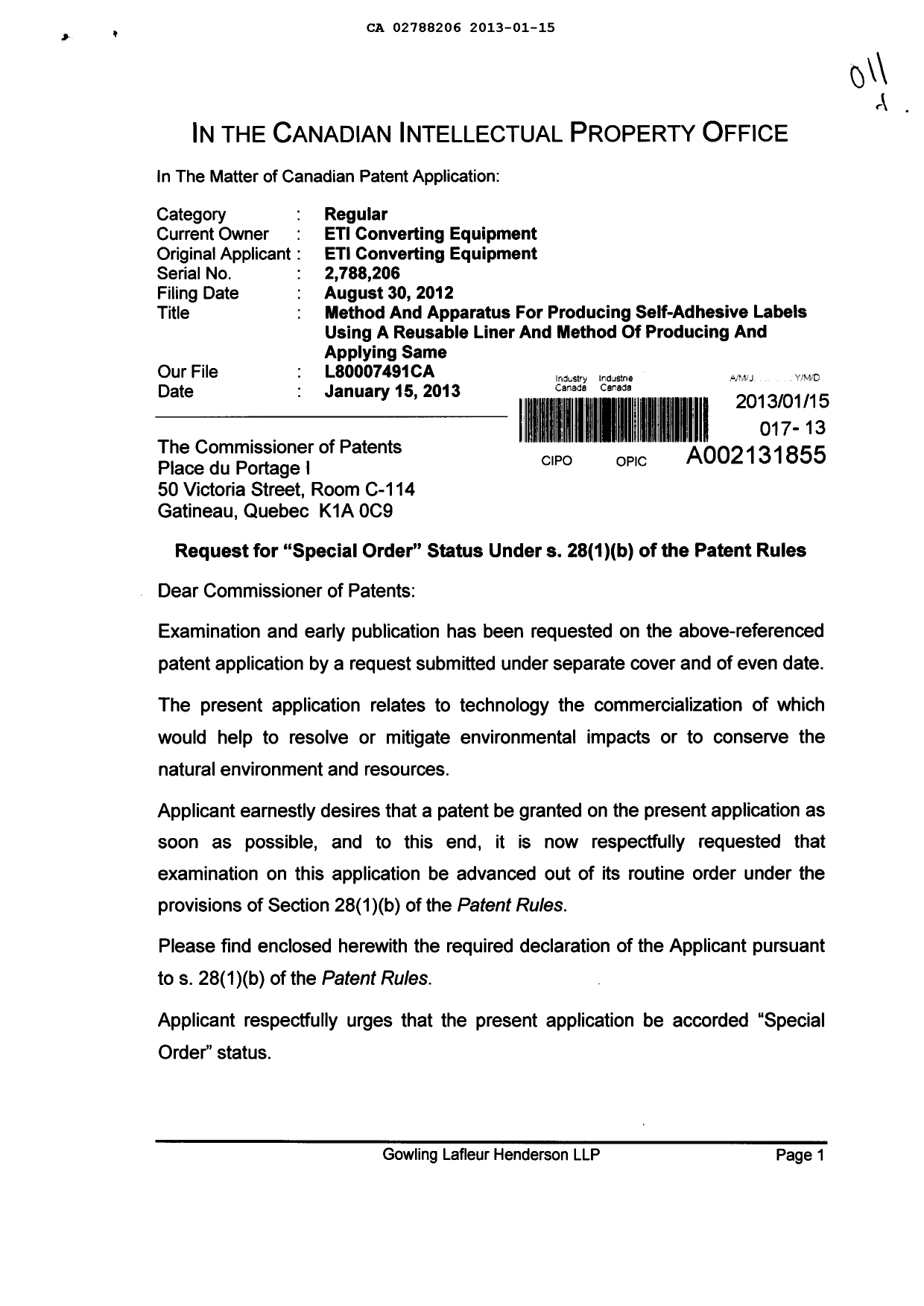 Canadian Patent Document 2788206. Prosecution-Amendment 20121215. Image 1 of 3