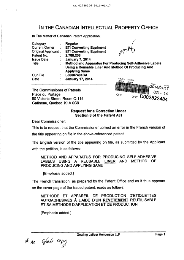 Document de brevet canadien 2788206. Correspondance 20131217. Image 1 de 2