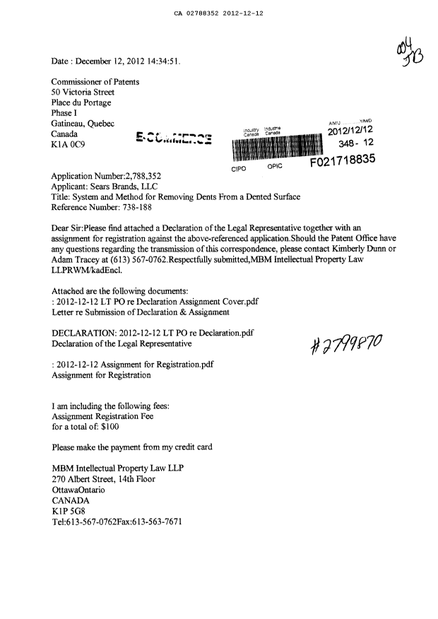 Document de brevet canadien 2788352. Cession 20121212. Image 1 de 8