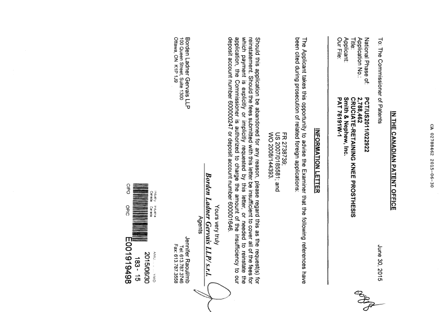 Document de brevet canadien 2788462. Modification 20150630. Image 1 de 1
