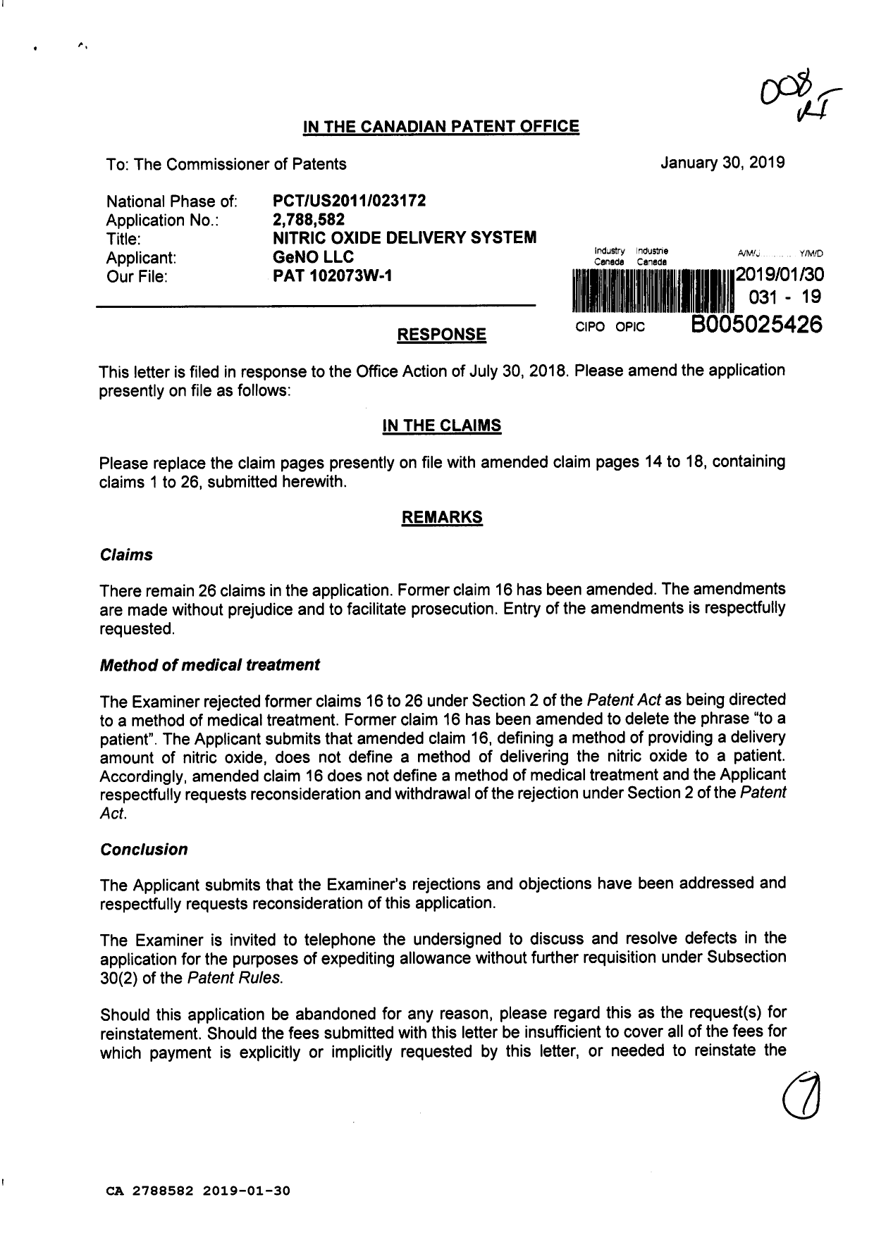 Document de brevet canadien 2788582. Modification 20190130. Image 1 de 7
