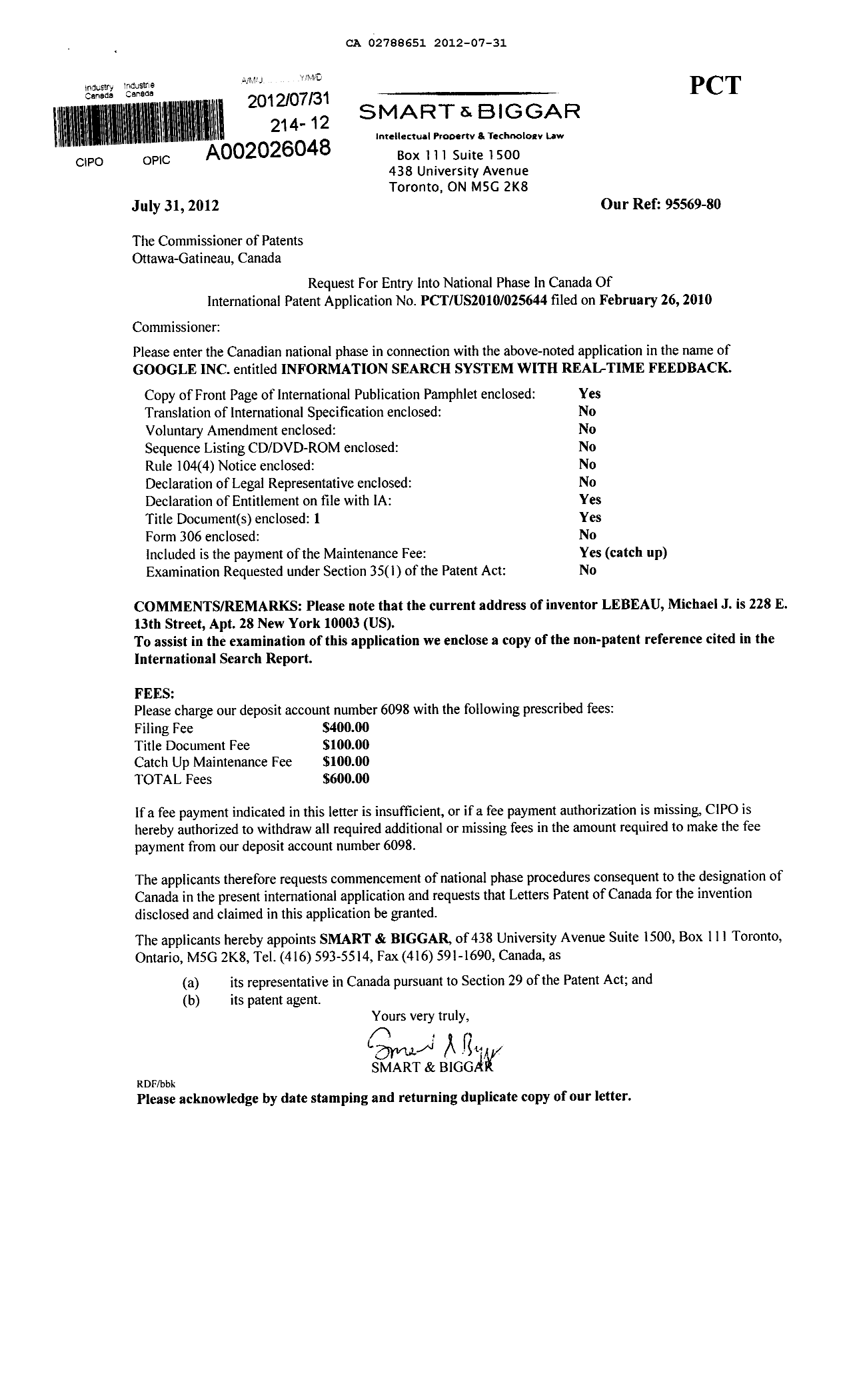 Document de brevet canadien 2788651. Cession 20120731. Image 1 de 9